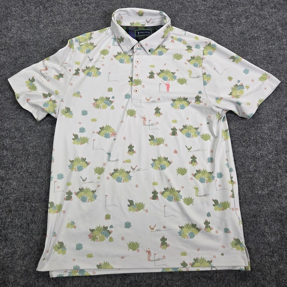 William Murray Polo Shirt Mens Medium White Cactus Golf Performance Print Desert
